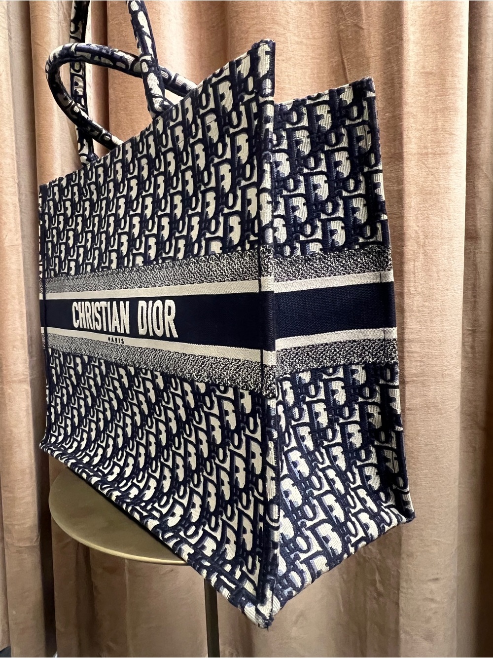 Dior Cream & Navy Oblique Canvas Tote with Christian Dior Stripe - Picture 7 of 9